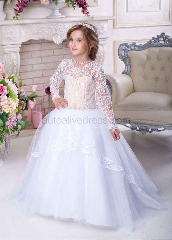 Long Sleeves White Lace Tulle Buttons Back Fabulous Flower Girl Dress